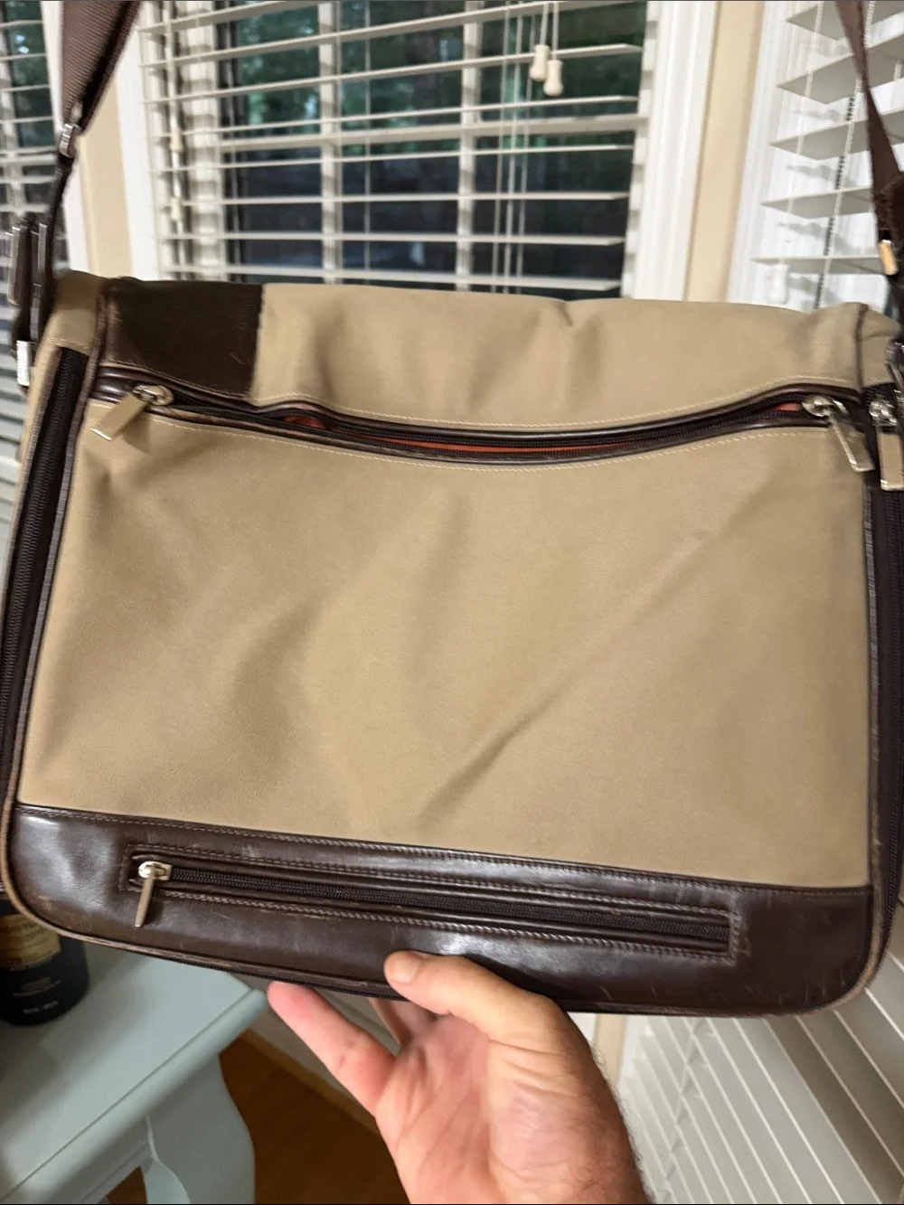 Tumi Beige Canvas Messenger with Brown Leather Trim